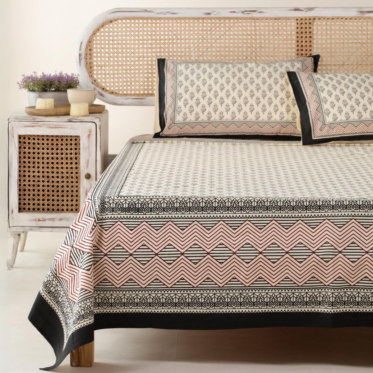 Cotton Bed sheet in Queen Size Set With 2 Pillow Covers Hand Printed In Beige and Maroon