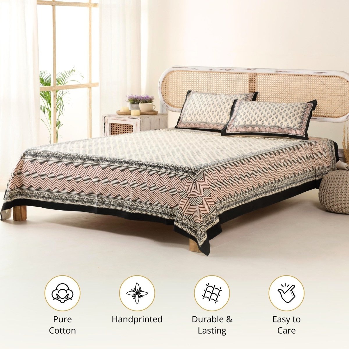 Cotton Bed sheet in Queen Size Set With 2 Pillow Covers Hand Printed In Beige and Maroon