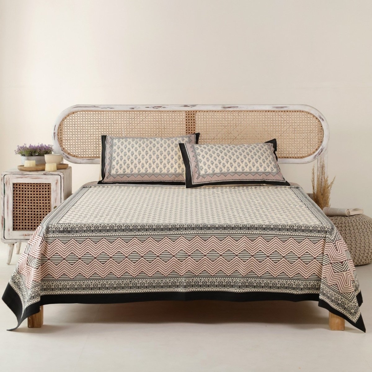 Cotton Bed sheet in Queen Size Set With 2 Pillow Covers Hand Printed In Beige and Maroon