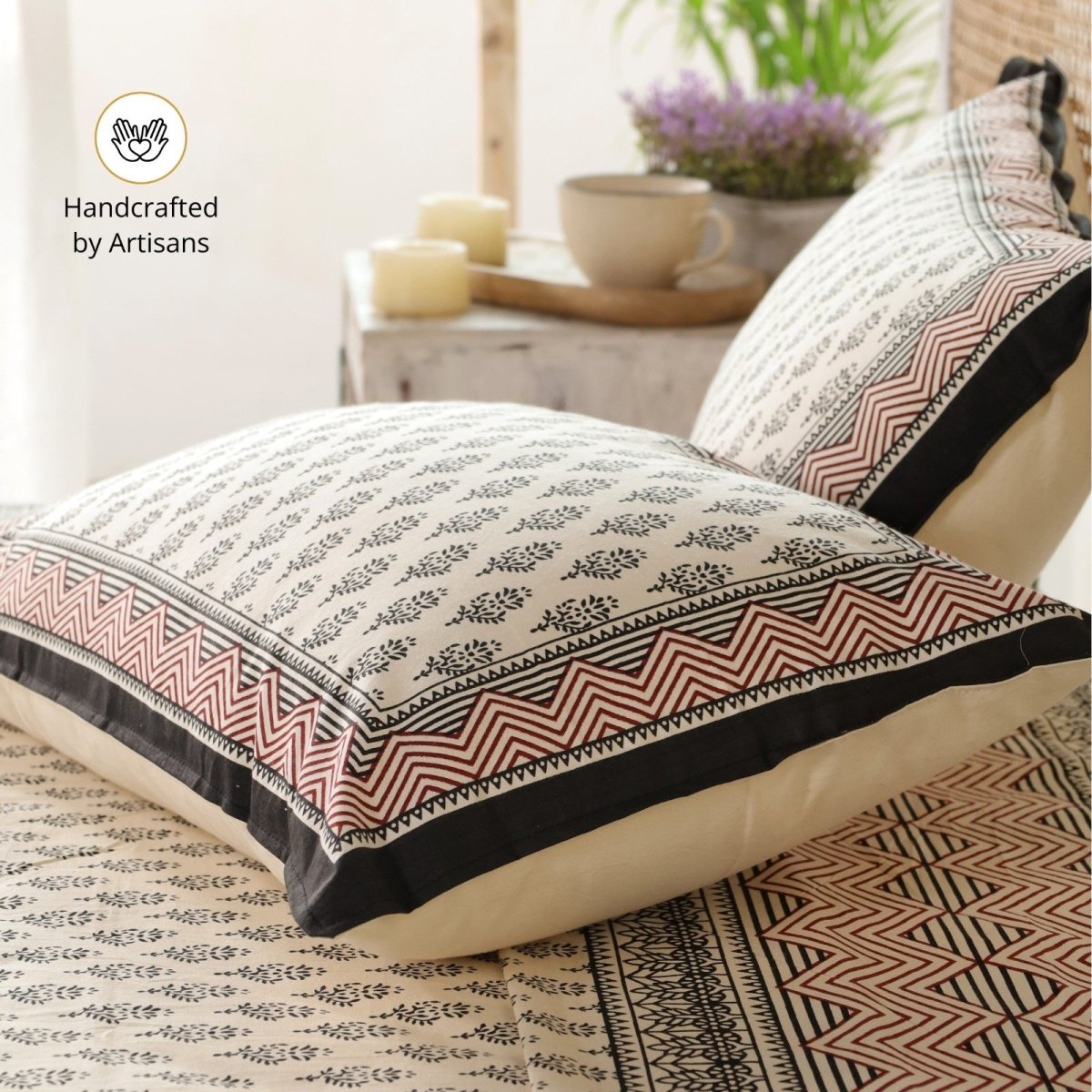 Cotton Bed sheet in Queen Size Set With 2 Pillow Covers Hand Printed In Beige and Maroon