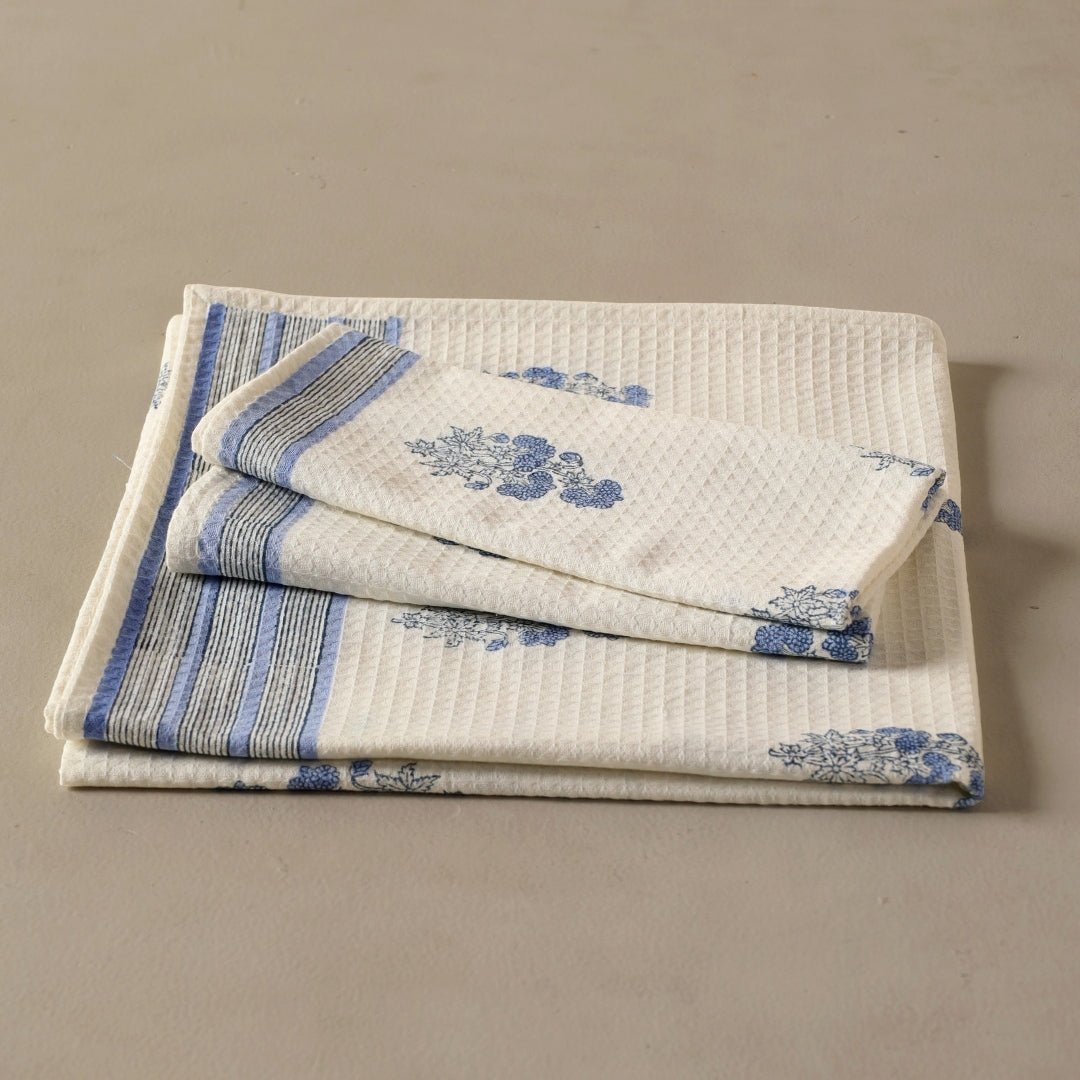 Blue Floral Pattern Pure Cotton Block Printed Bath & Hand Towel Set