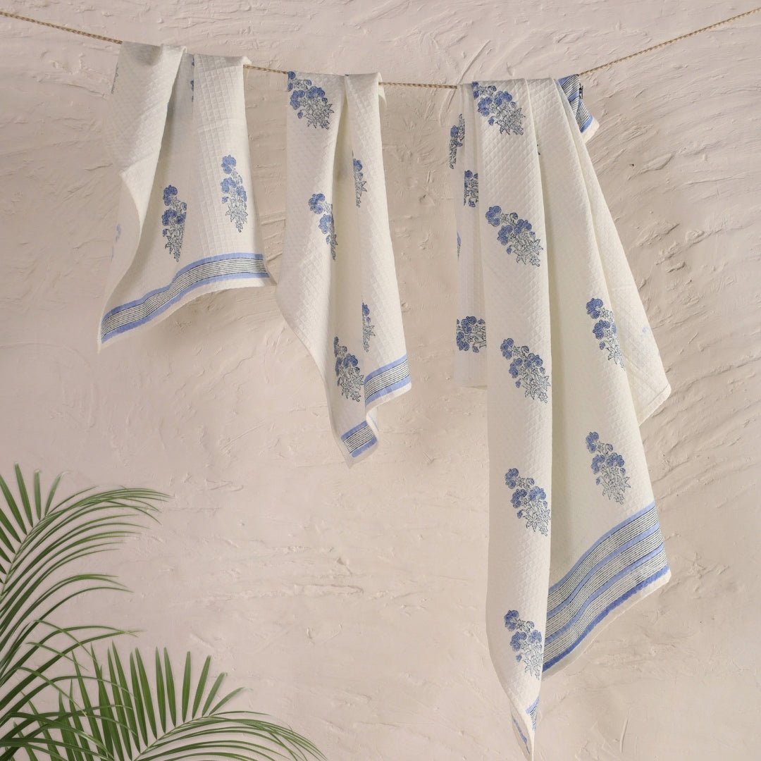 Blue Floral Pattern Pure Cotton Block Printed Bath & Hand Towel Set