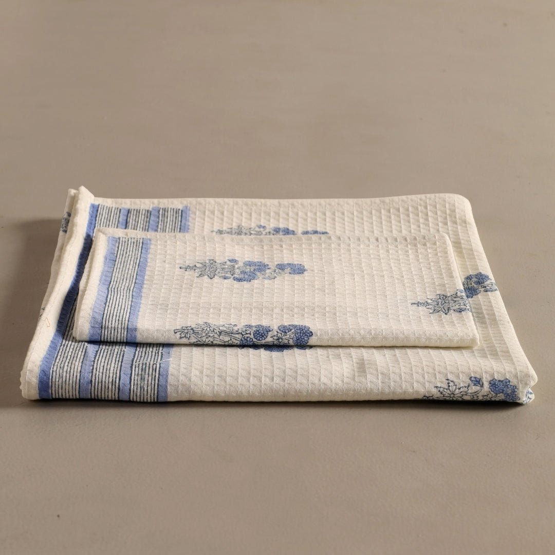 Blue Floral Pattern Pure Cotton Block Printed Bath & Hand Towel Set