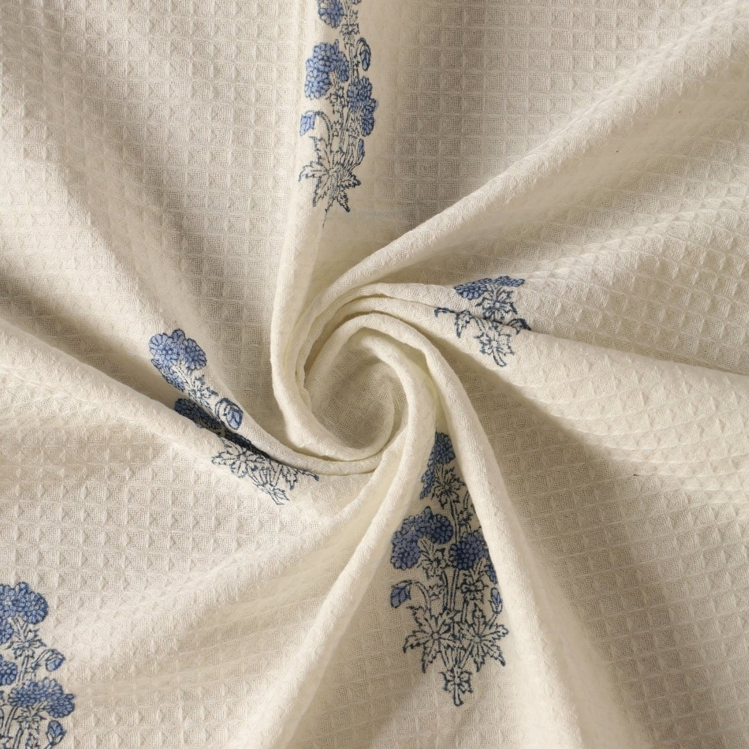 Blue Floral Pattern Pure Cotton Block Printed Bath & Hand Towel Set