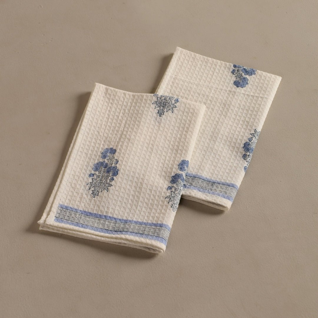 Blue Floral Pattern Pure Cotton Block Printed Bath & Hand Towel Set