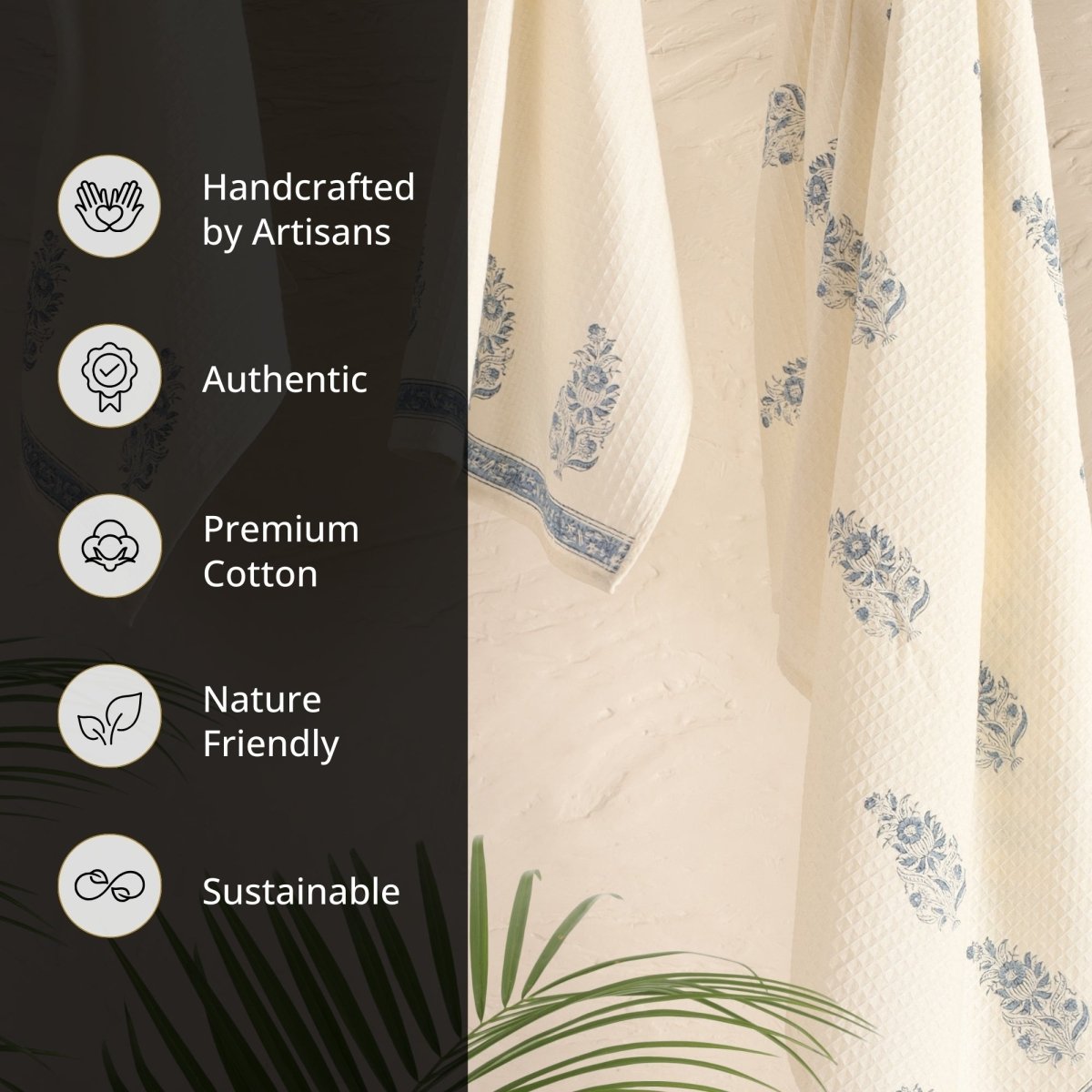 Off-White & Blue Pure Cotton Block Printed Bath & Hand Towel Set