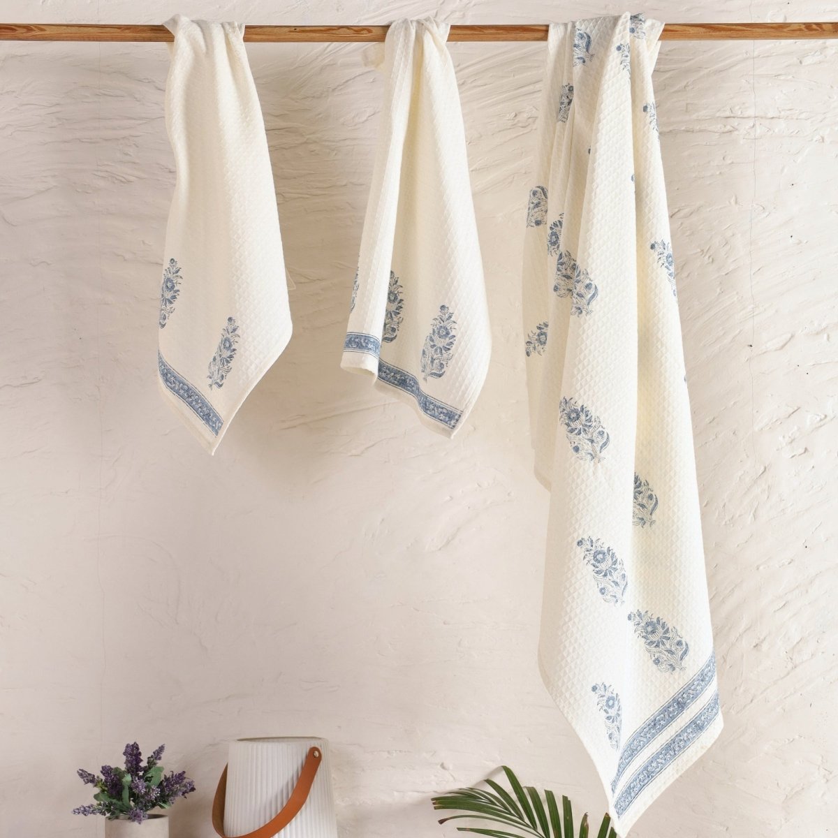 Off-White & Blue Pure Cotton Block Printed Bath & Hand Towel Set