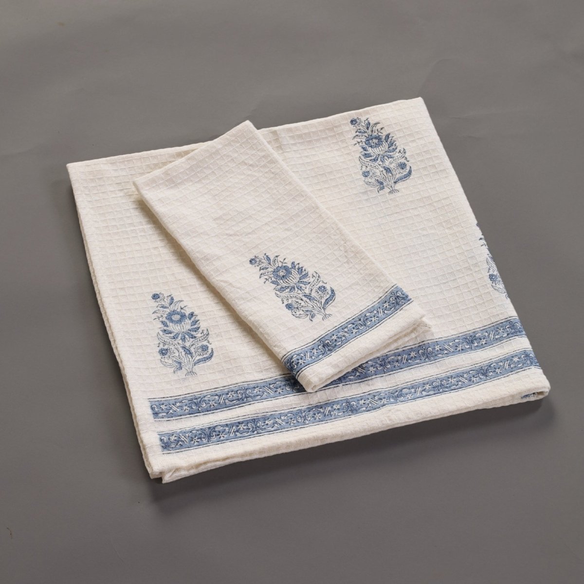 Off-White & Blue Pure Cotton Block Printed Bath & Hand Towel Set