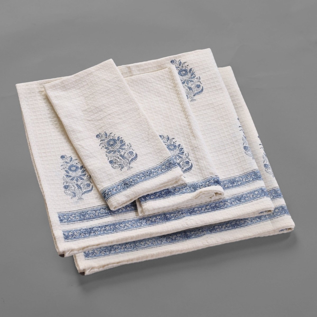 Off-White & Blue Pure Cotton Block Printed Bath & Hand Towel Set