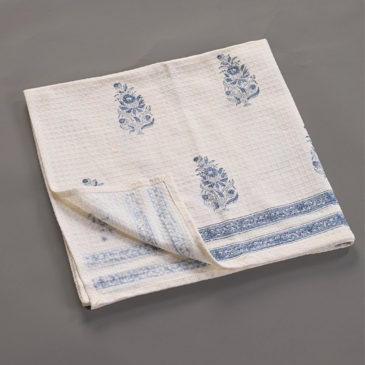 Off-White & Blue Pure Cotton Block Printed Bath & Hand Towel Set