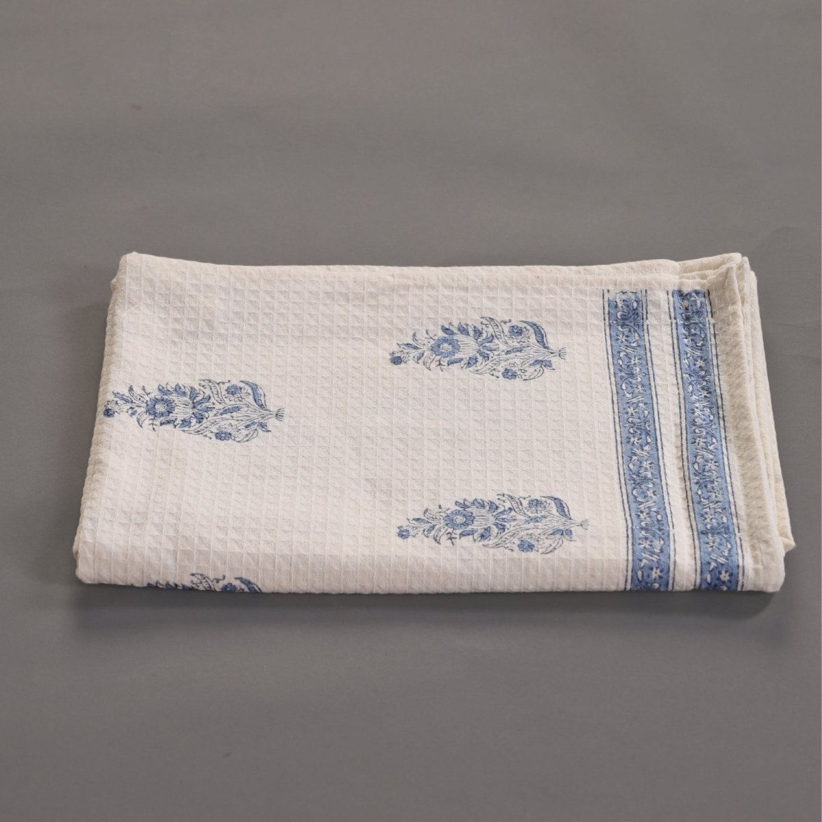 Off-White & Blue Pure Cotton Block Printed Bath & Hand Towel Set