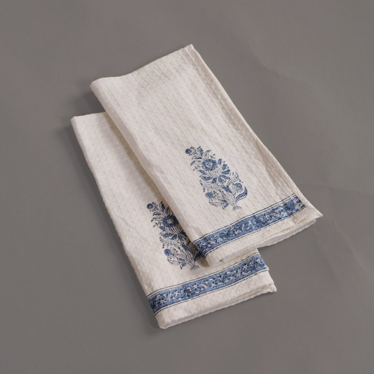 Off-White & Blue Pure Cotton Block Printed Bath & Hand Towel Set