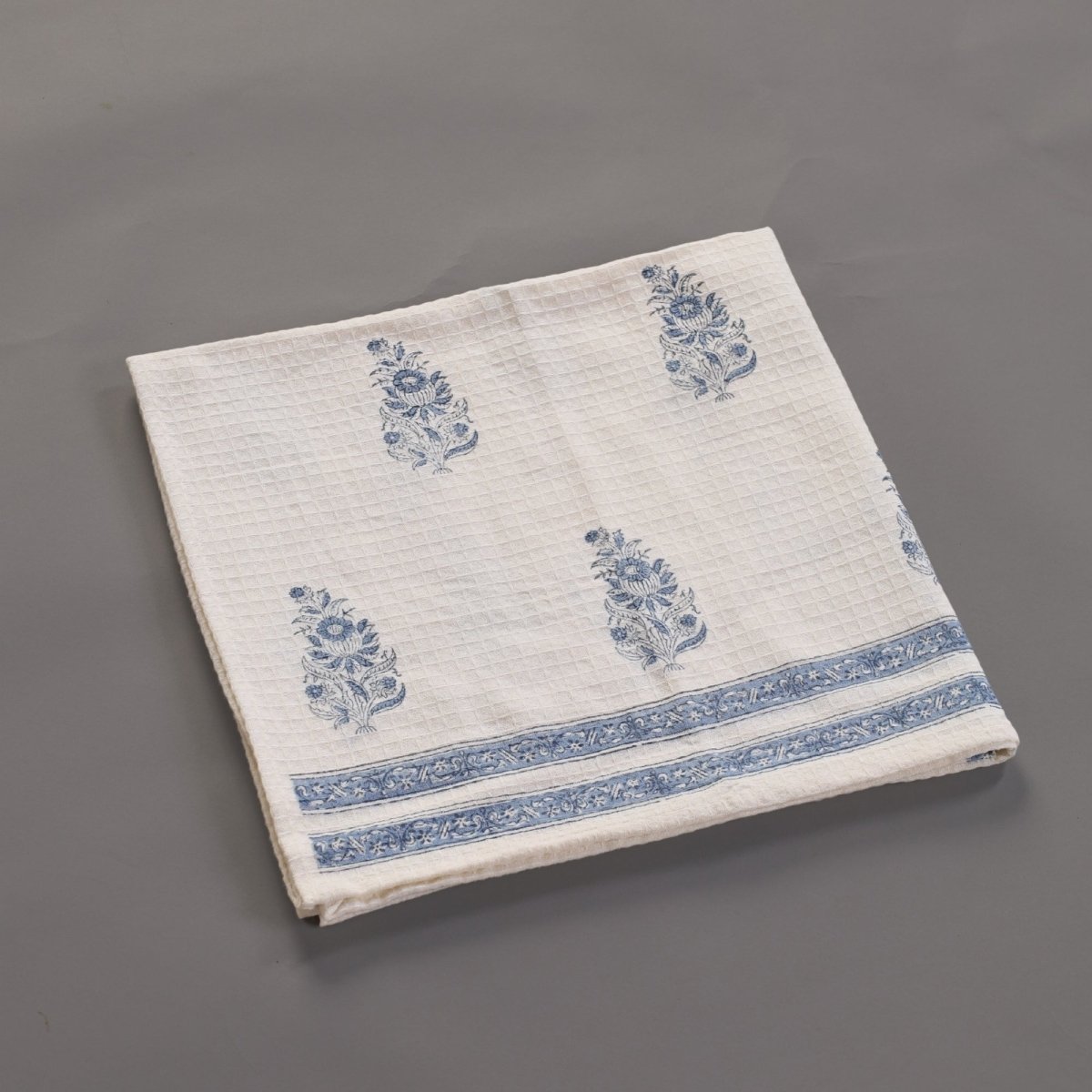 Off-White & Blue Pure Cotton Block Printed Bath & Hand Towel Set