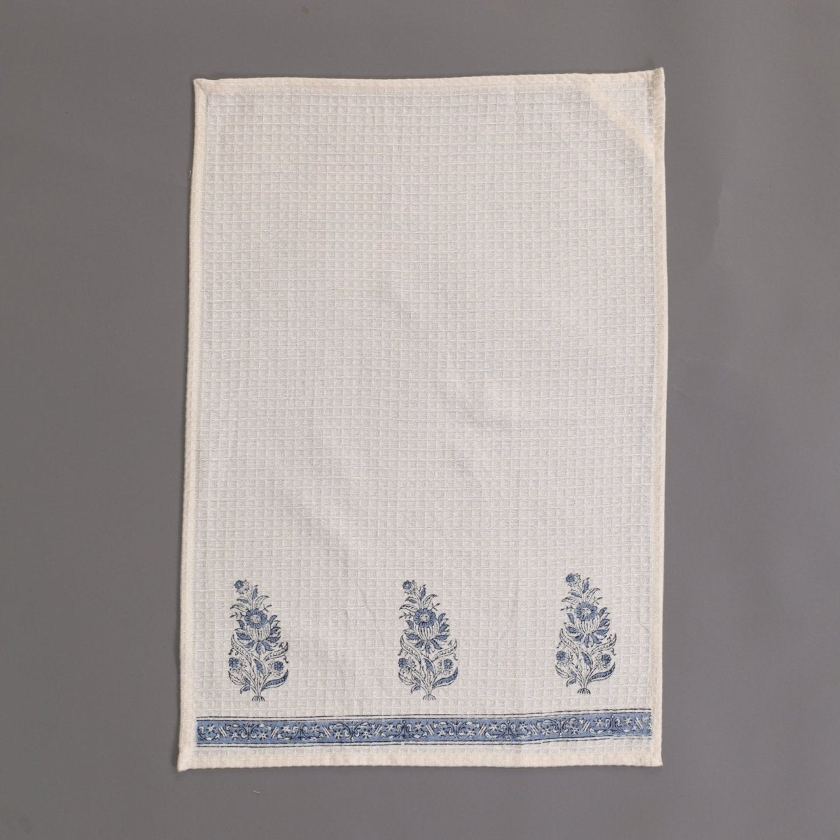 Off-White & Blue Pure Cotton Block Printed Bath & Hand Towel Set