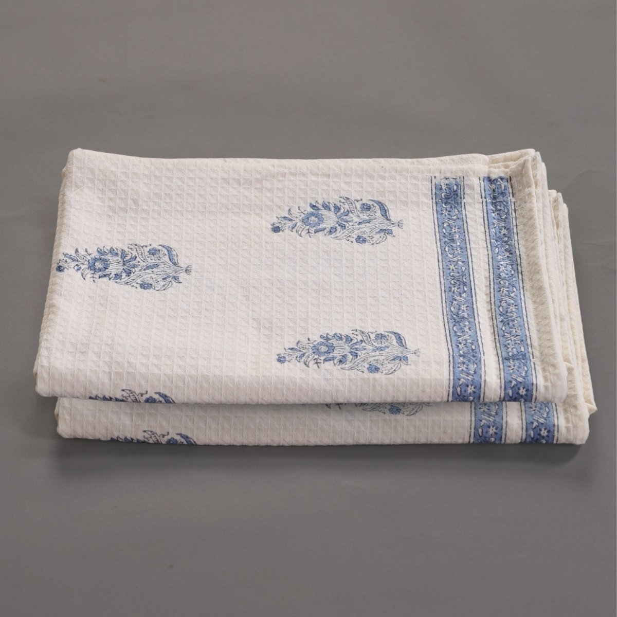 Off-White & Blue Pure Cotton Block Printed Bath & Hand Towel Set