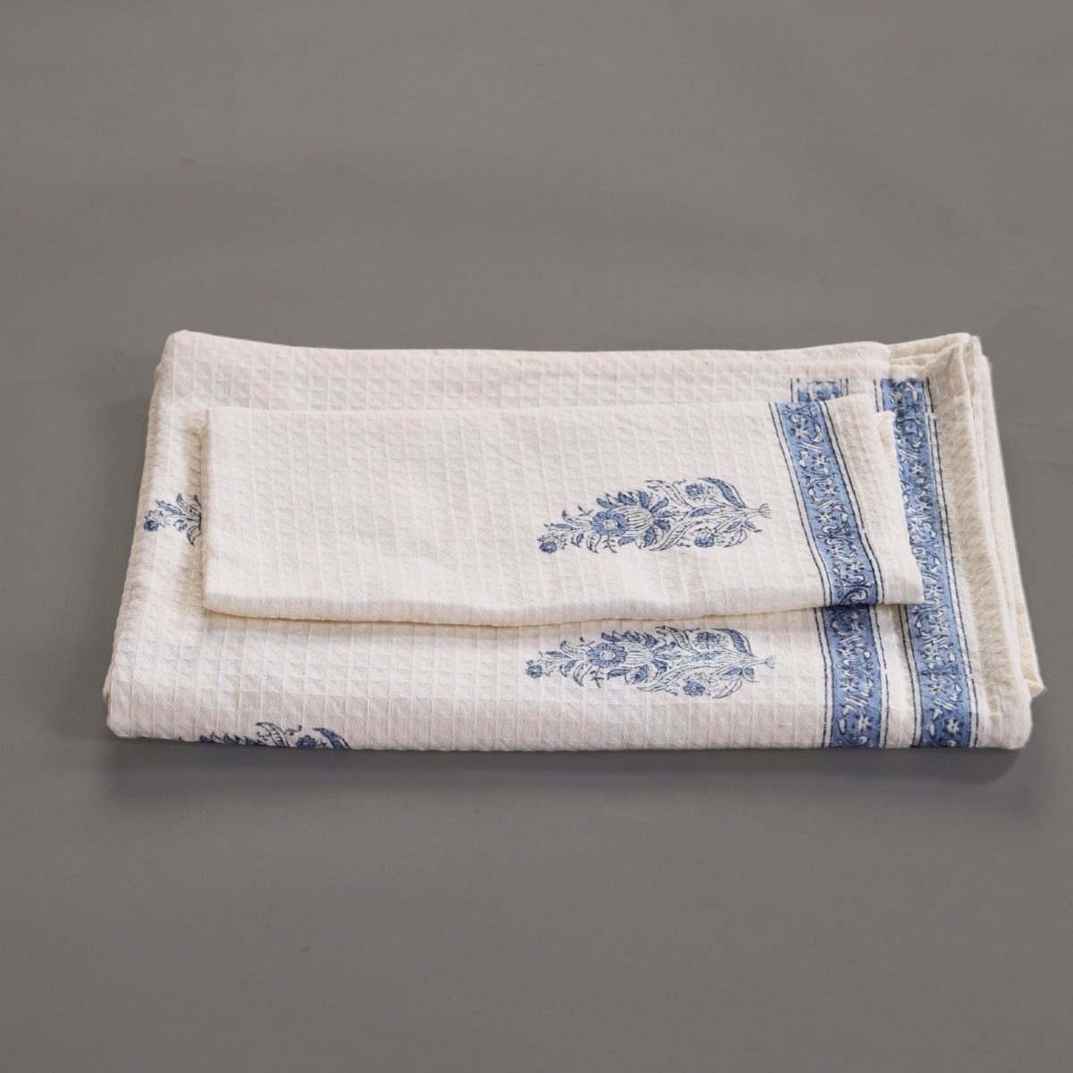 Off-White & Blue Pure Cotton Block Printed Bath & Hand Towel Set