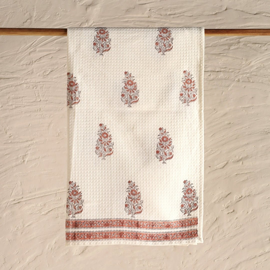 Off-White & Peach Pure Cotton Block Printed Bath & Hand Towel Set