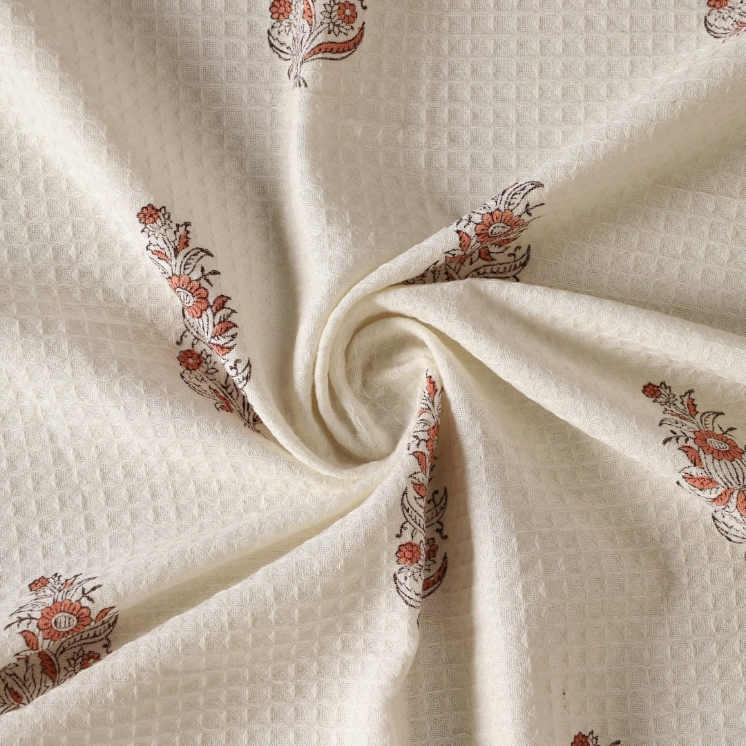 Off-White & Peach Pure Cotton Block Printed Bath & Hand Towel Set