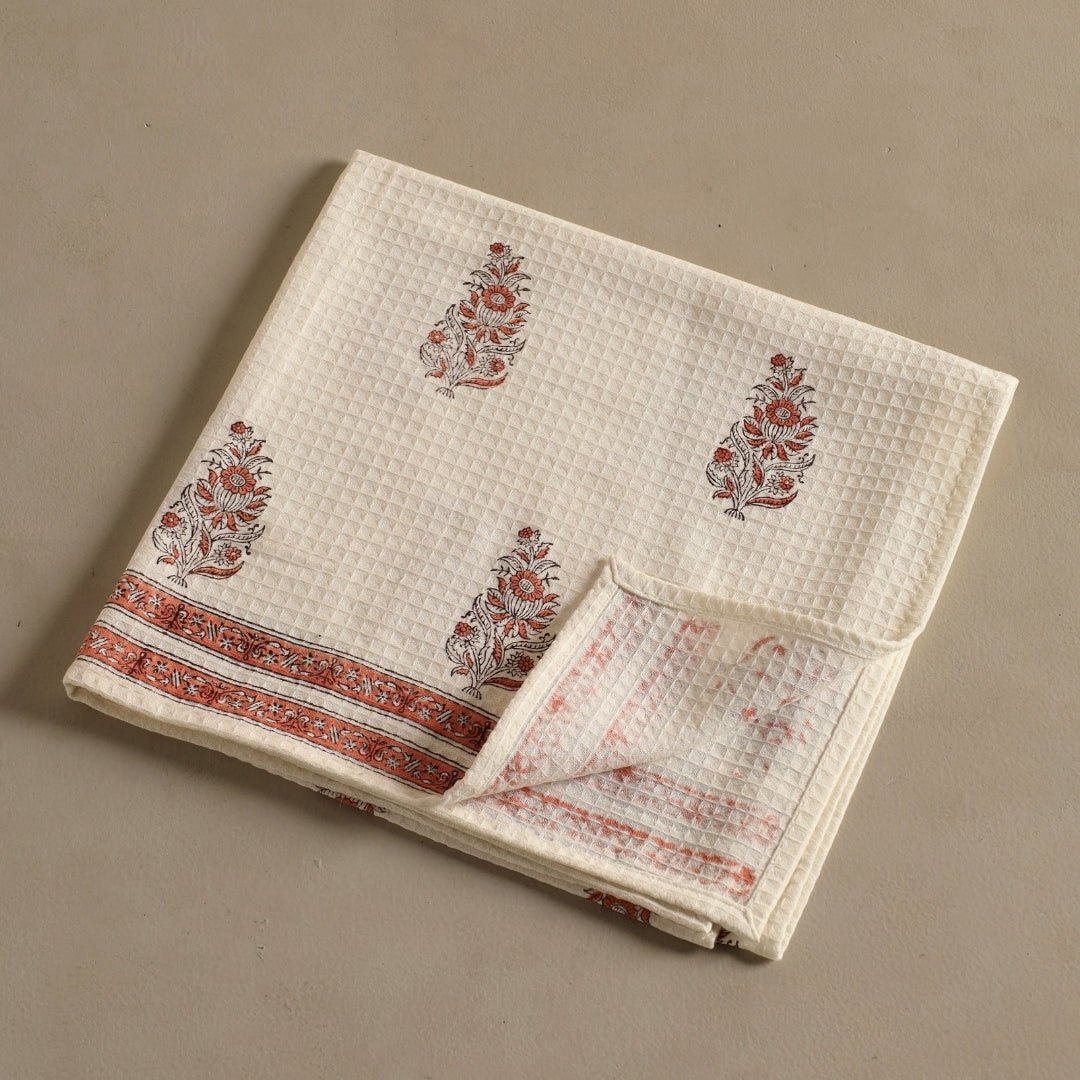 Off-White & Peach Pure Cotton Block Printed Bath & Hand Towel Set