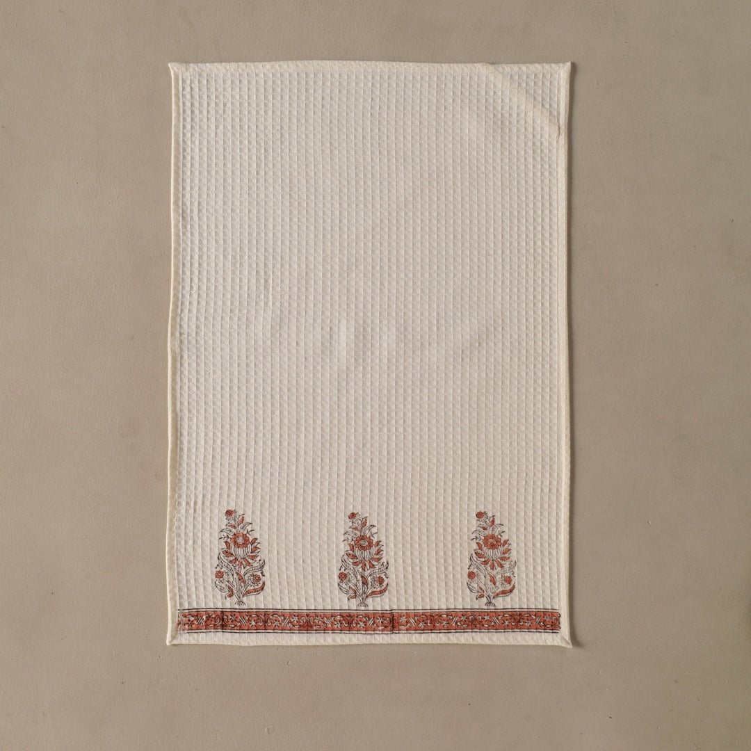 Off-White & Peach Pure Cotton Block Printed Bath & Hand Towel Set