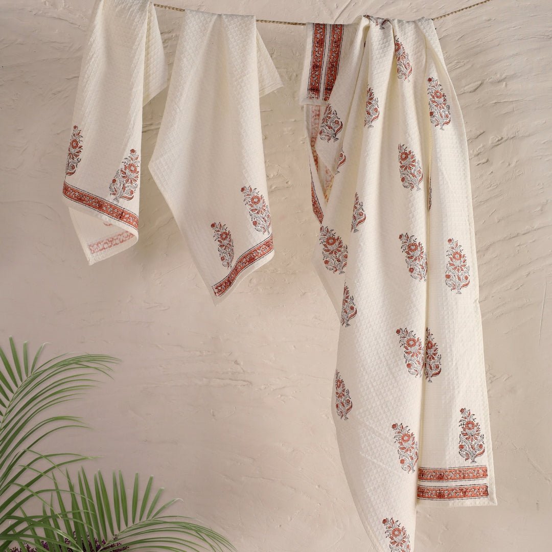 Off-White & Peach Pure Cotton Block Printed Bath & Hand Towel Set