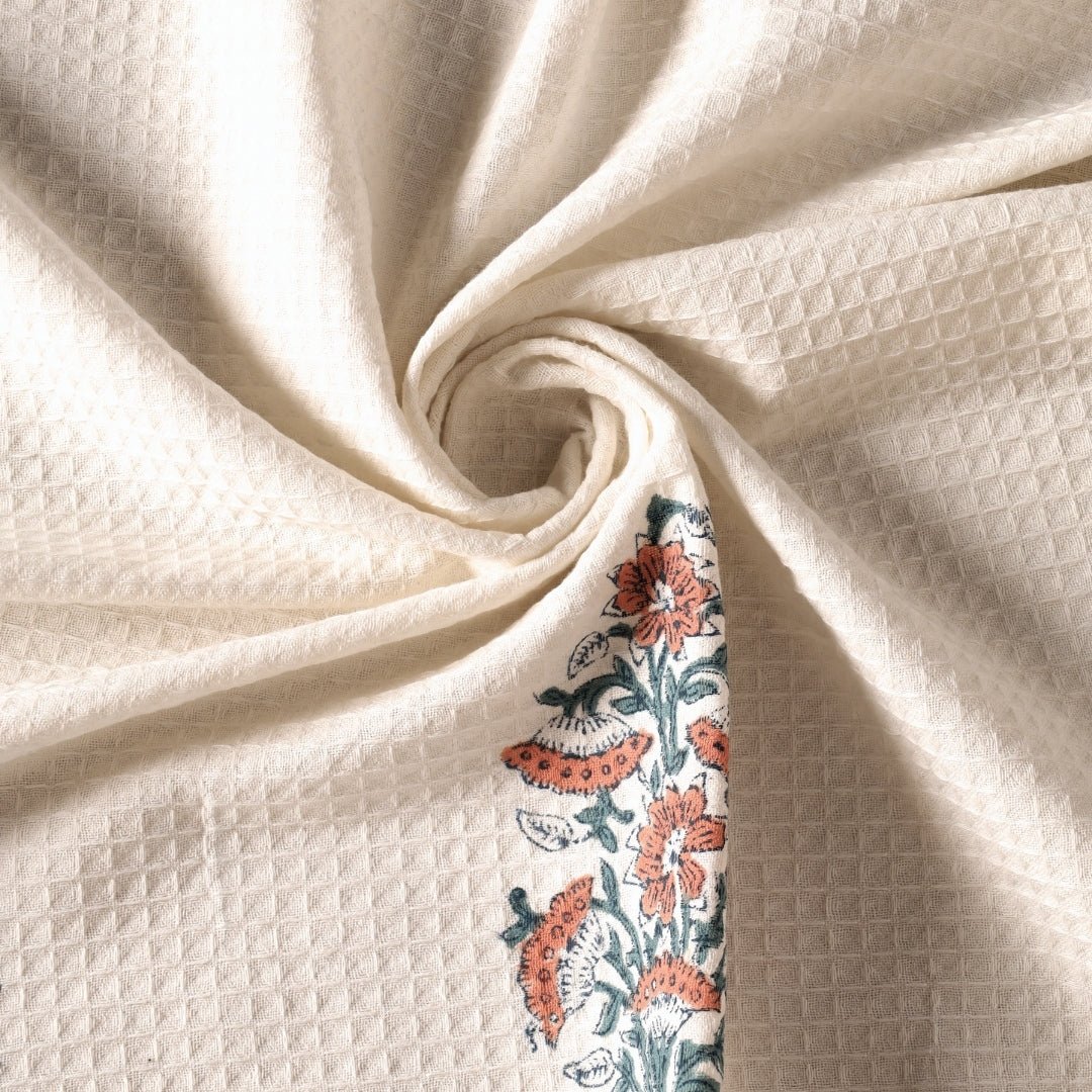 Peach And Teal Pure Cotton Block Printed Bath & Hand Towel Set