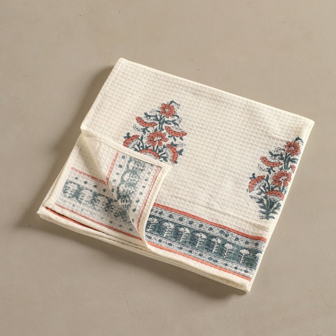 Peach And Teal Pure Cotton Block Printed Bath & Hand Towel Set