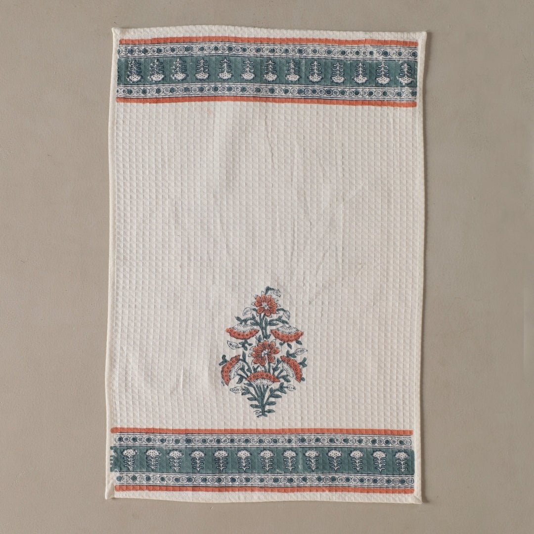 Peach And Teal Pure Cotton Block Printed Bath & Hand Towel Set