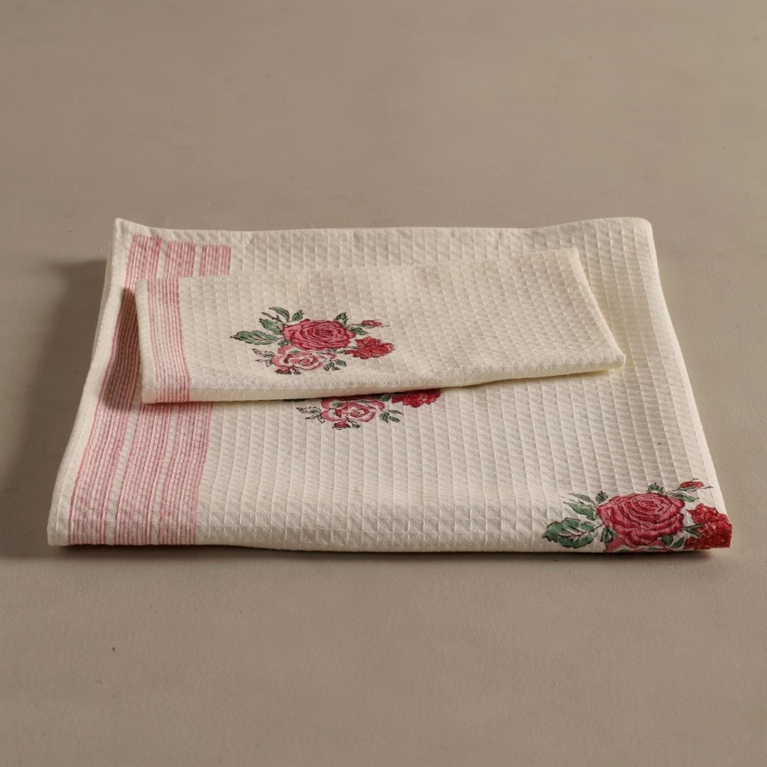 Off White With Roses Pure Cotton Block Printed Bath & Hand Towel Set