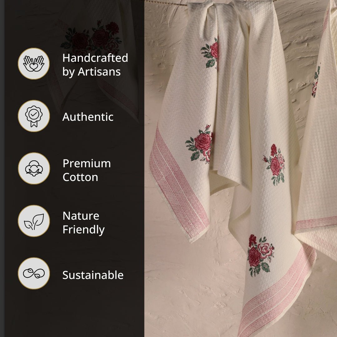 Off White With Roses Pure Cotton Block Printed Bath & Hand Towel Set