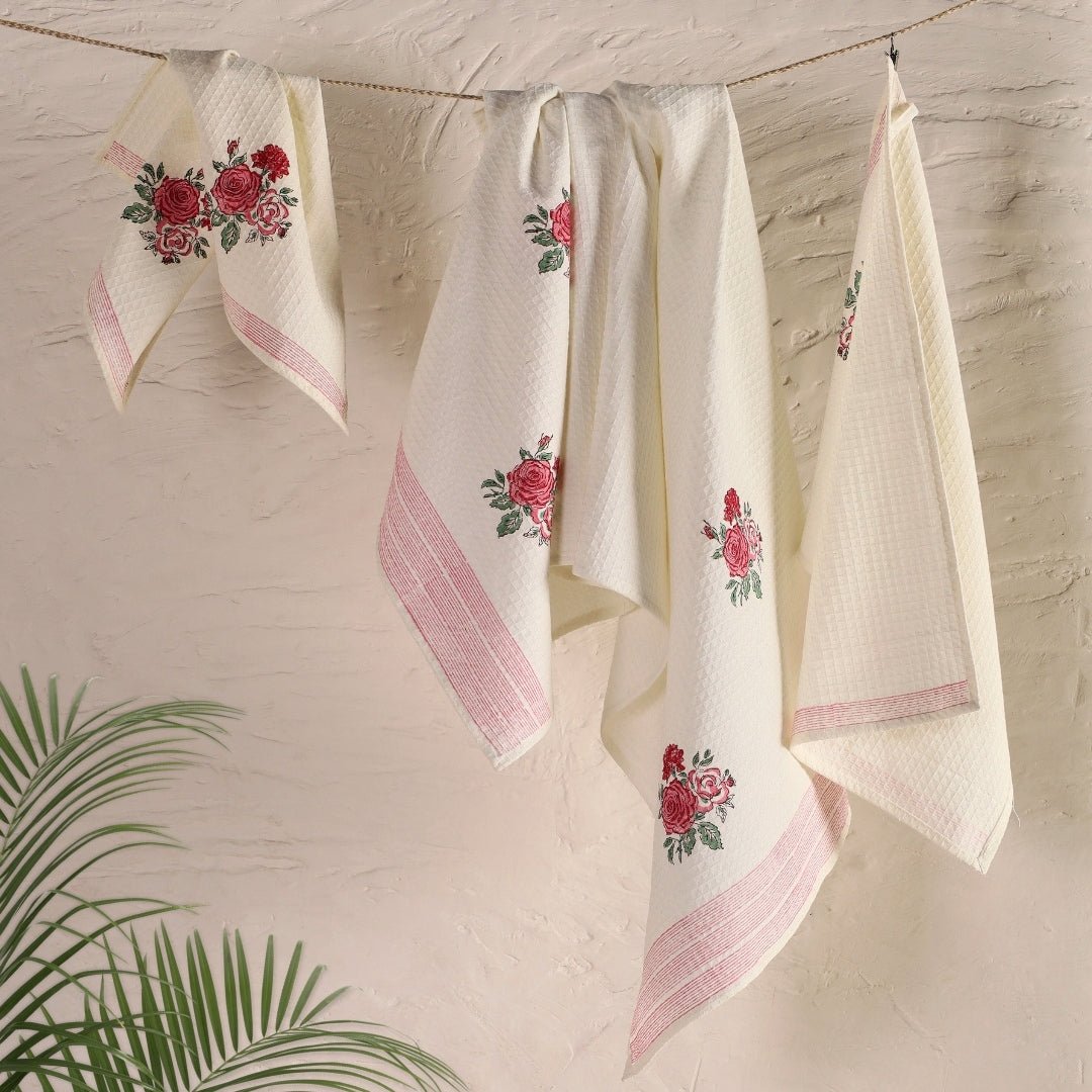 Off White With Roses Pure Cotton Block Printed Bath & Hand Towel Set