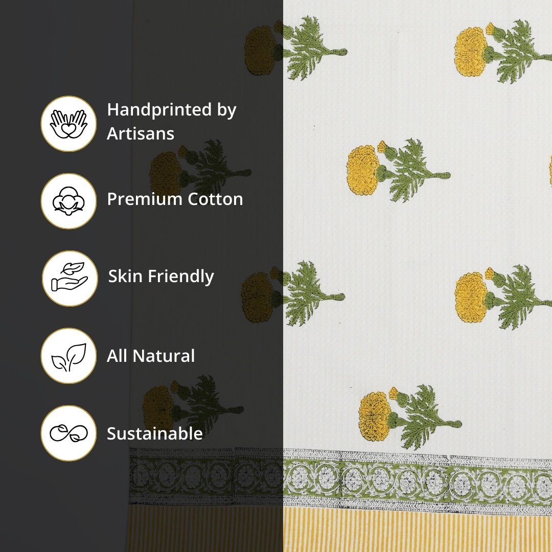 White Pure Cotton Block Printed Bath & Hand Towel Set in Marigold Pattern