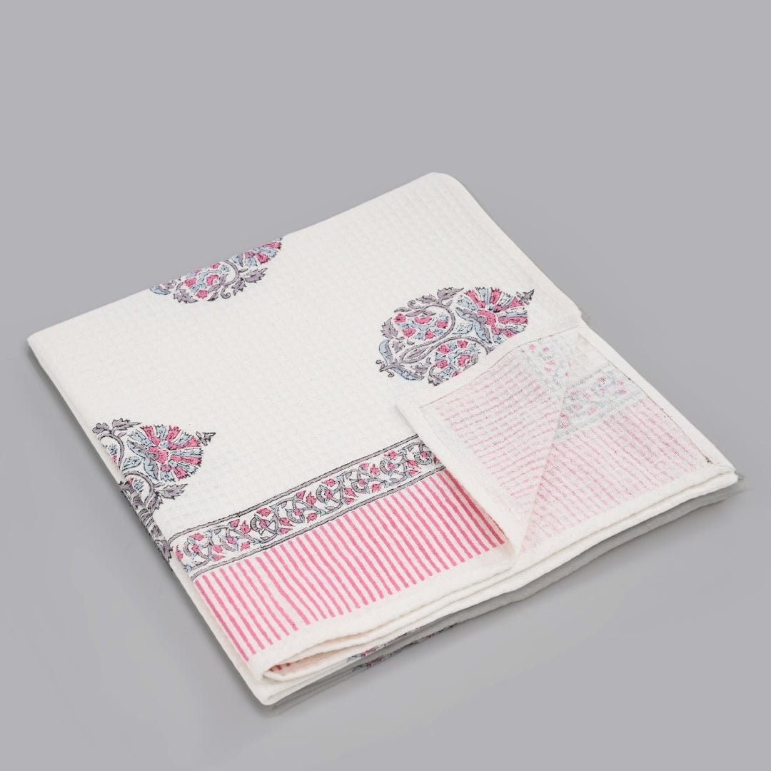 White Pure Cotton Block Printed Bath & Hand Towel Set in Petal Pattern