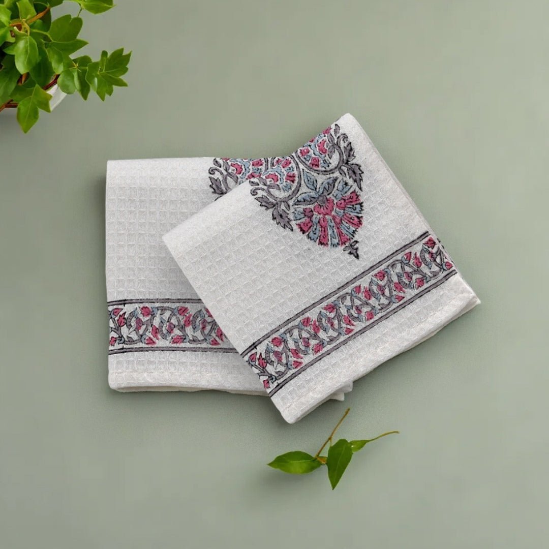White Pure Cotton Block Printed Bath & Hand Towel Set in Petal Pattern