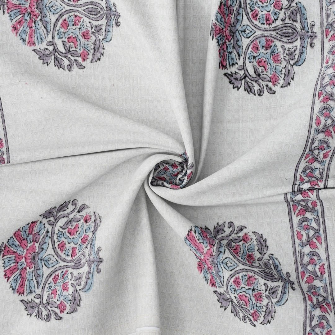 White Pure Cotton Block Printed Bath & Hand Towel Set in Petal Pattern