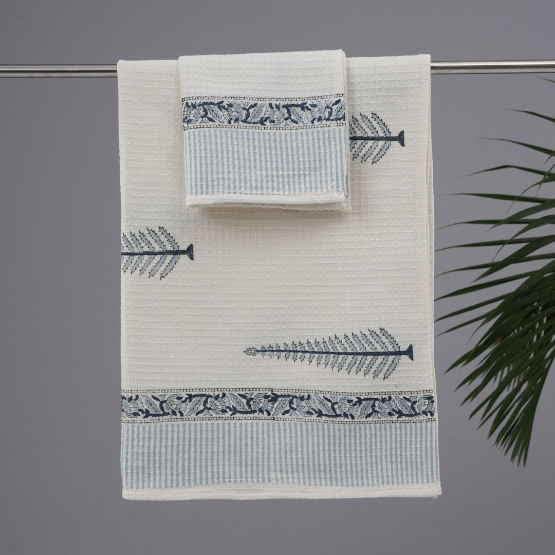 White & Blue Pattern Pure Cotton Block Printed Bath & Hand Towel Set