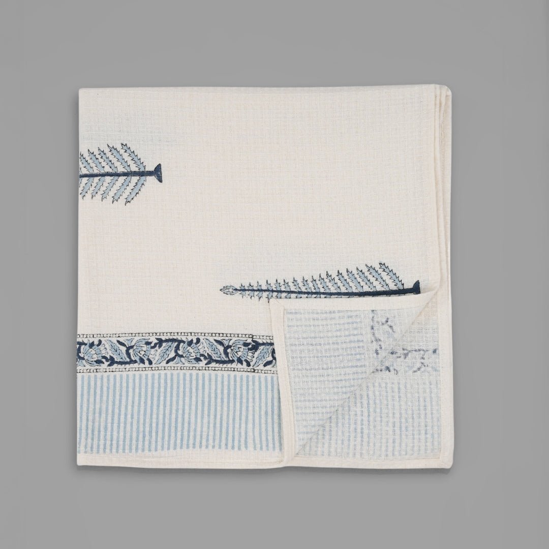 White & Blue Pattern Pure Cotton Block Printed Bath & Hand Towel Set
