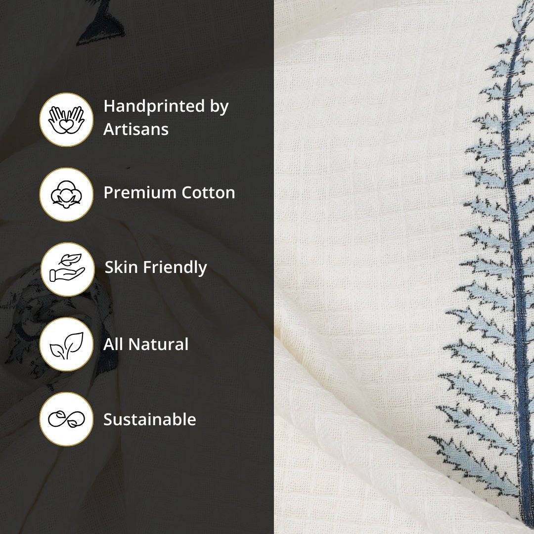 White & Blue Pattern Pure Cotton Block Printed Bath & Hand Towel Set