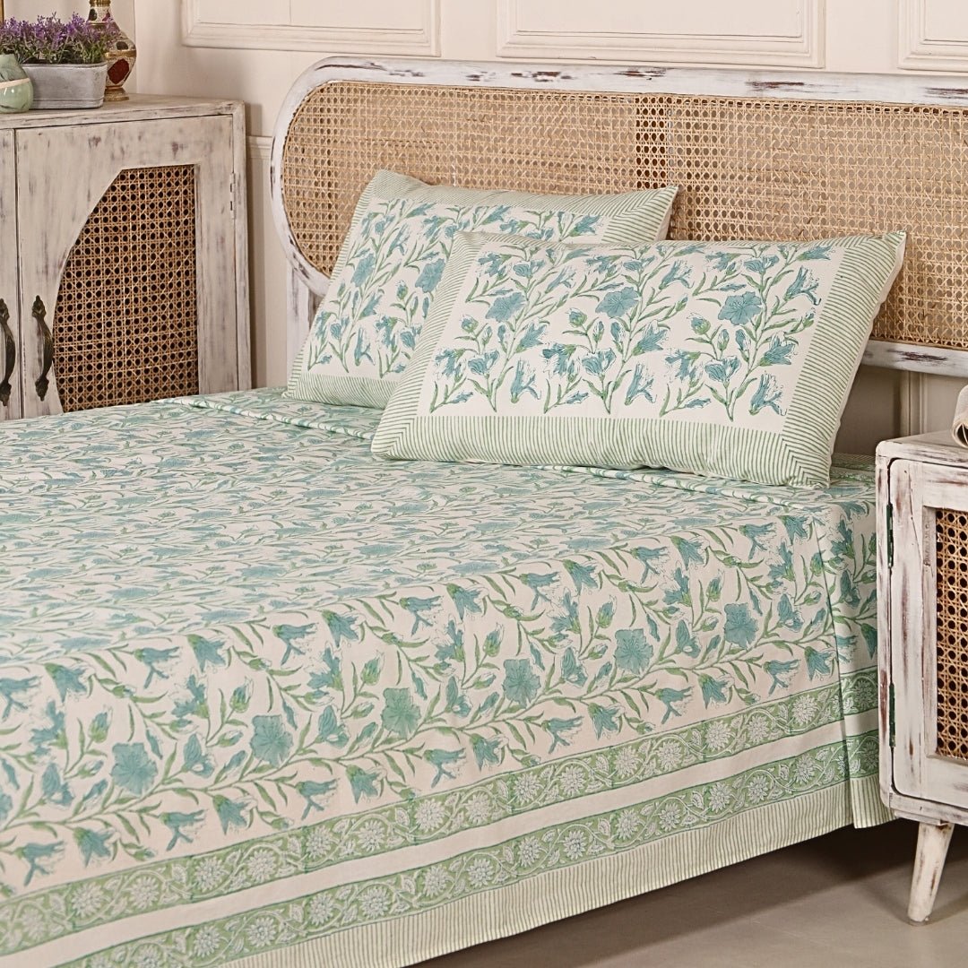 Cotton Bed sheet with 2 Pillow Covers Hand printed in Light Green and White