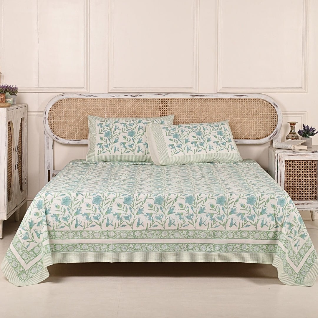 Cotton Bed sheet with 2 Pillow Covers Hand printed in Light Green and White