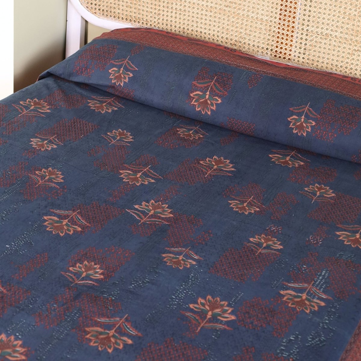 Navy Blue and Brick Red Pure Cotton Queen Bedcover | Handprinted