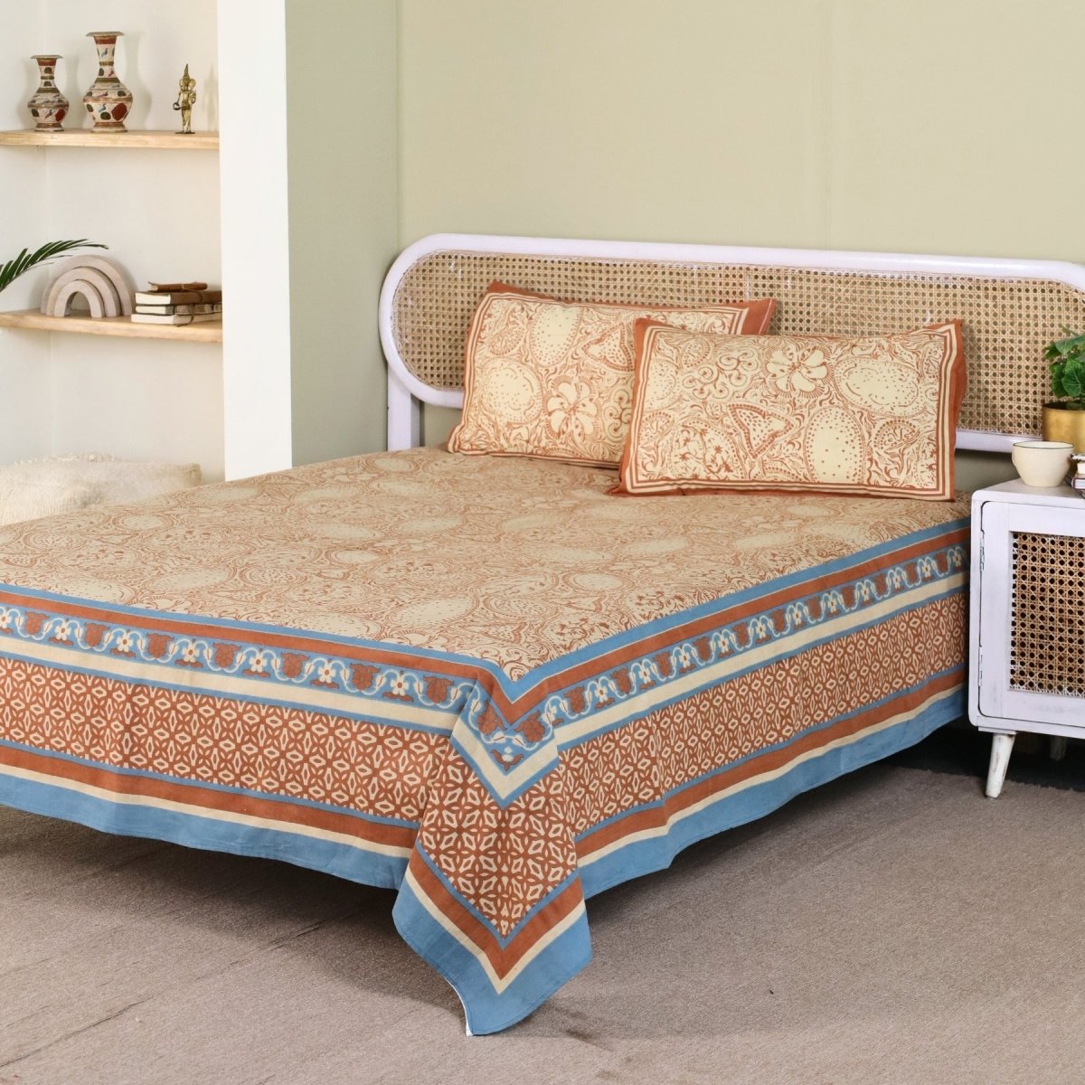 Ivory Brick Red and Navy Blue Pure Cotton Bedsheet | Queen Size | Handprinted