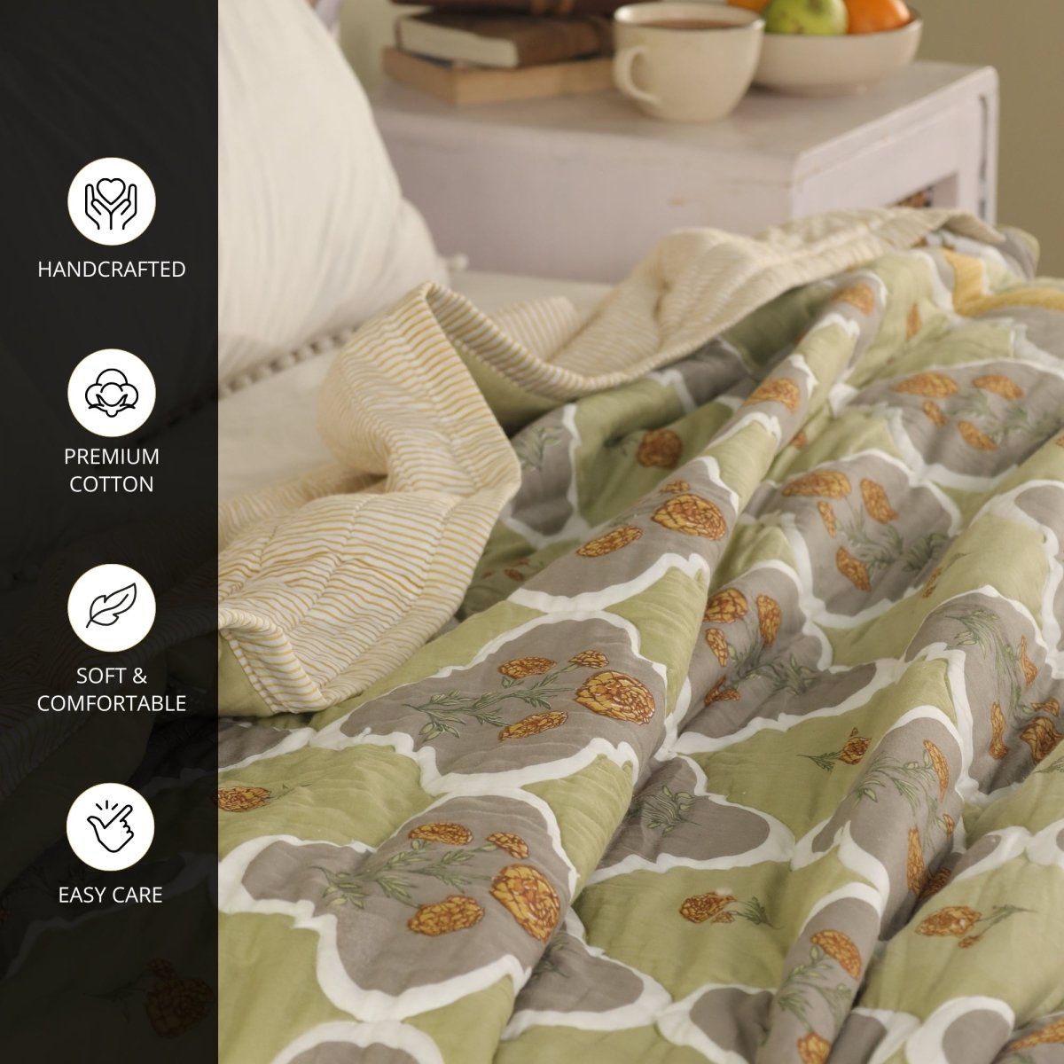 Pure Cotton Quilt in Green and Sage | Single and Queen | Peepul Tree