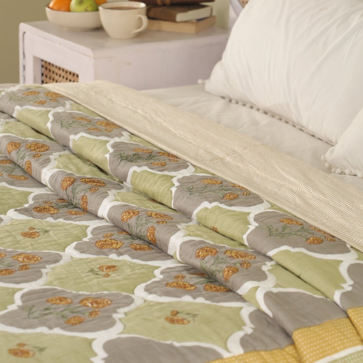 Pure Cotton Quilt in Green and Sage | Single and Queen | Peepul Tree
