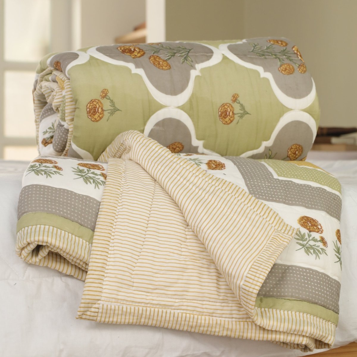 Pure Cotton Quilt in Green and Sage | Single and Queen | Peepul Tree
