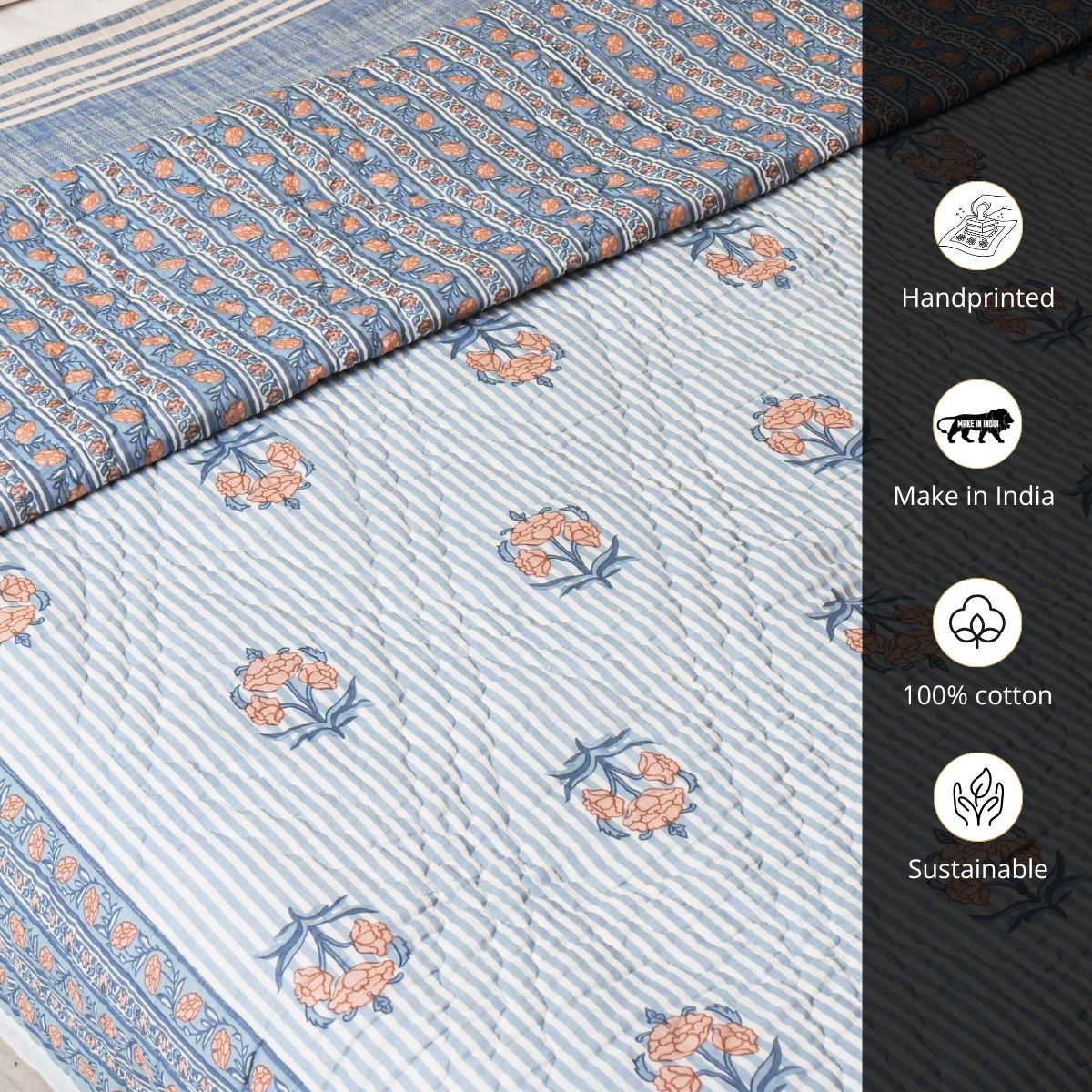 Pure Cotton Quilt in Blue and Dusty Pink | Single and Double | Peepul Tree