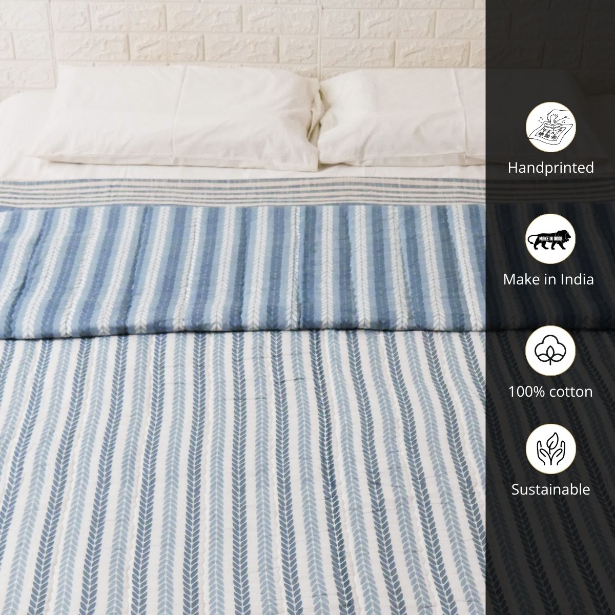 AC Comforter in 100% Cotton Mulmul Handprinted in Blue Leafy Stripes| Lightweight Soft and Breathable AC Blanket in Reversible design