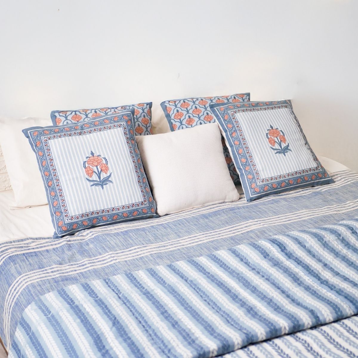 AC Comforter in 100% Cotton Mulmul Handprinted in Blue Leafy Stripes| Lightweight Soft and Breathable AC Blanket in Reversible design