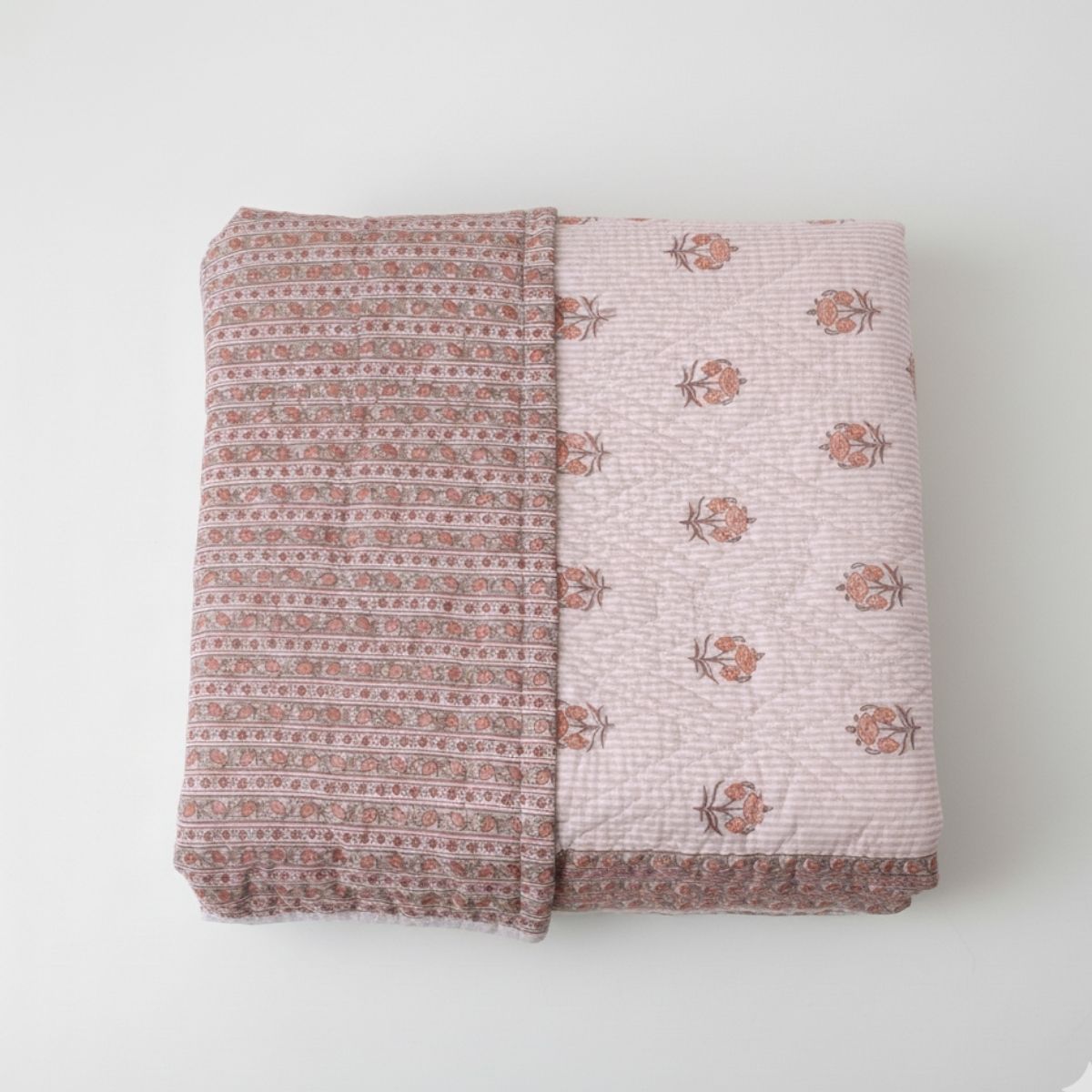 AC Comforter in 100% Cotton Mulmul Handprinted in Dusty Pink with Floral and Geometric design| Lightweight Soft and Breathable AC Blanket in Reversible design