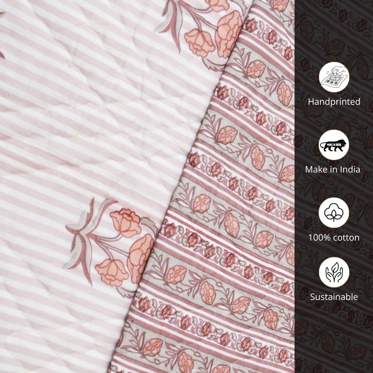 AC Comforter in 100% Cotton Mulmul Handprinted in Dusty Pink with Floral and Geometric design| Lightweight Soft and Breathable AC Blanket in Reversible design
